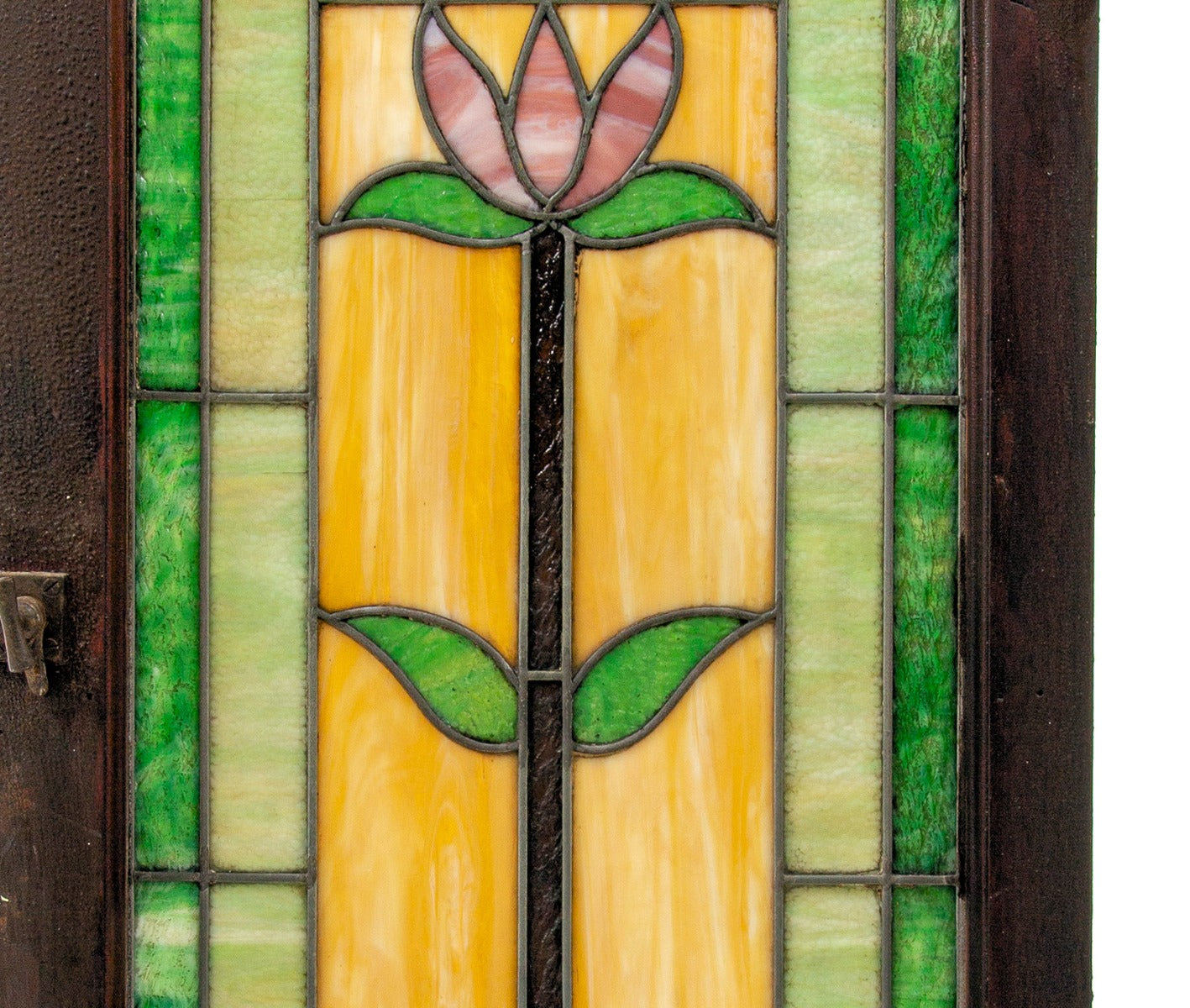 all original early 1920s rectangular-shaped salvaged chicago richly colored stained glass window with centrally located flower