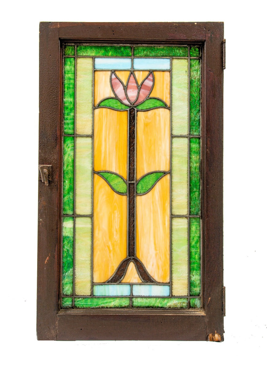 all original early 1920s rectangular-shaped salvaged chicago richly colored stained glass window with centrally located flower