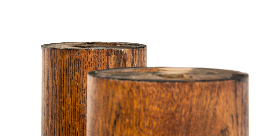 matching set of original varnished solid white oak stave-joint tapered residential room divider columns