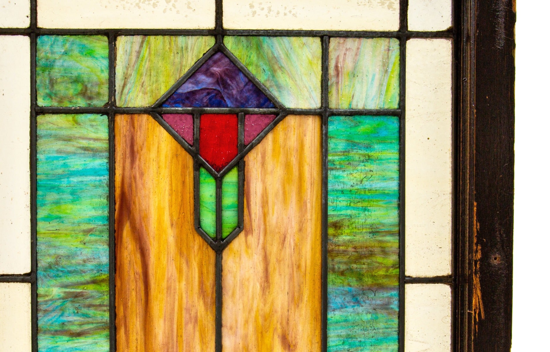 one of two exceptional prairie style eureka art glass company salvaged chicago window with wood sash frame
