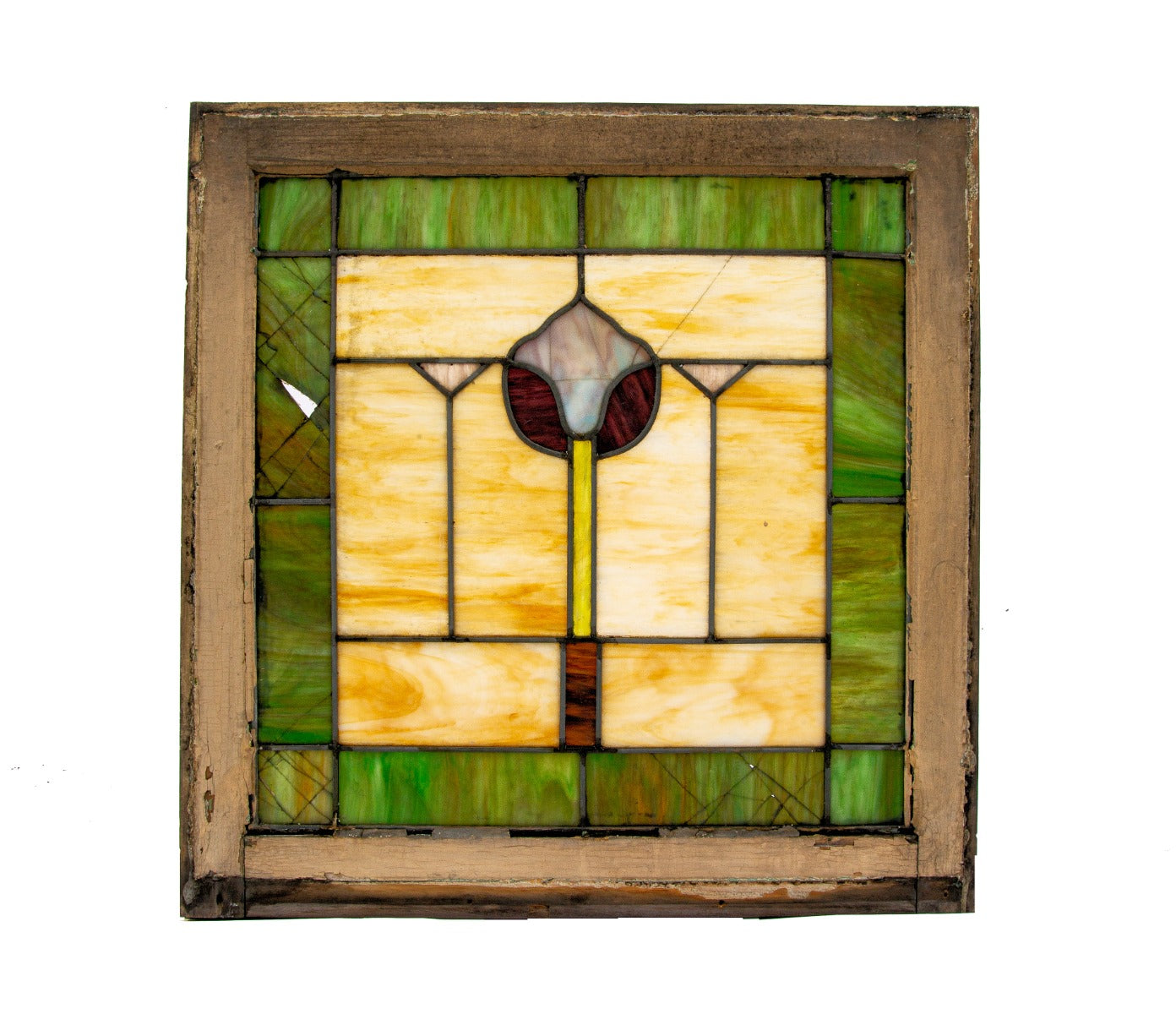 largely intact 1915-20 salvaged chicago stained glass transom window with varnished wood sash frame