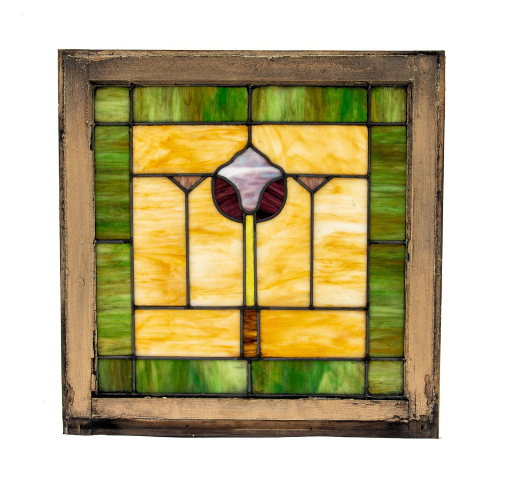 original and intact early 20th century eberhardt and company stained glass window with wood sash frame