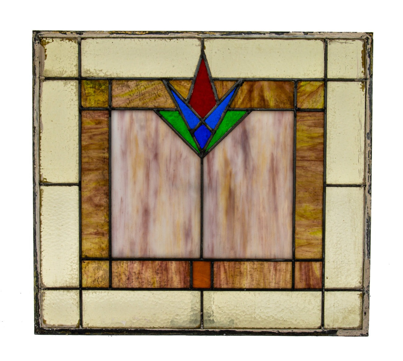 unusual 1920s diminutive salvaged chicago stained glass window with richly colored abstract floral motif