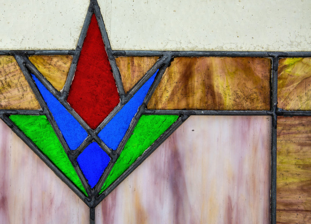 unusual 1920s diminutive salvaged chicago stained glass window with richly colored abstract floral motif