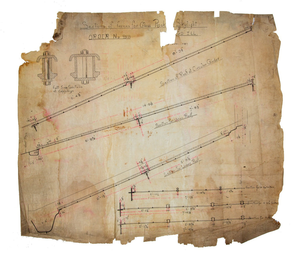 1887 original burnham and root ink linen drawing for rookery building skylight framing