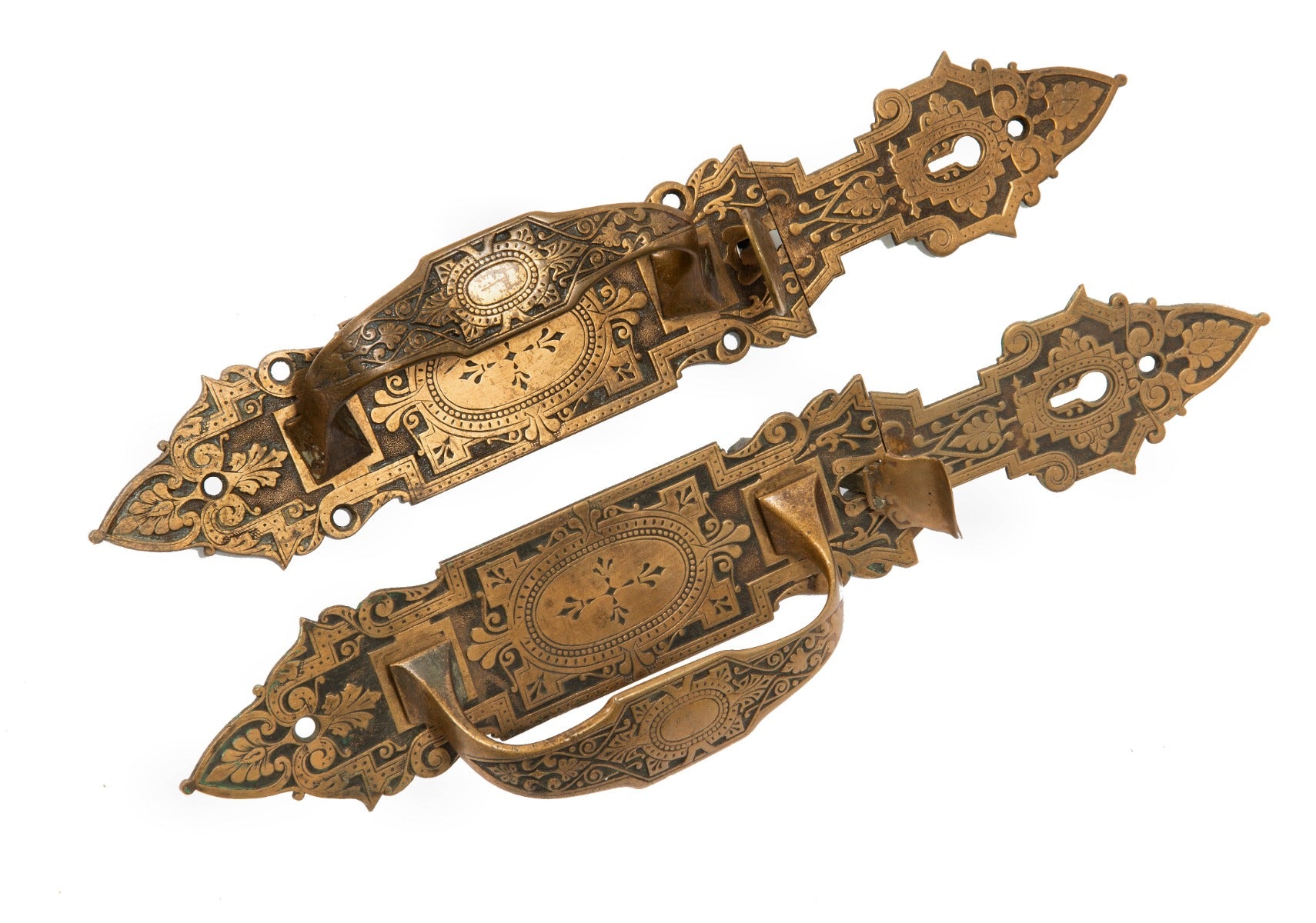 matching set of original cast bronze salvaged st. louis high victorian-era 1870s antique store door thumblatch handles