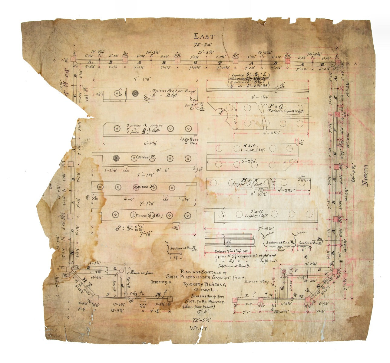 original 1887 burnham and root rookery building linen drawing for soffit plates under building skylight
