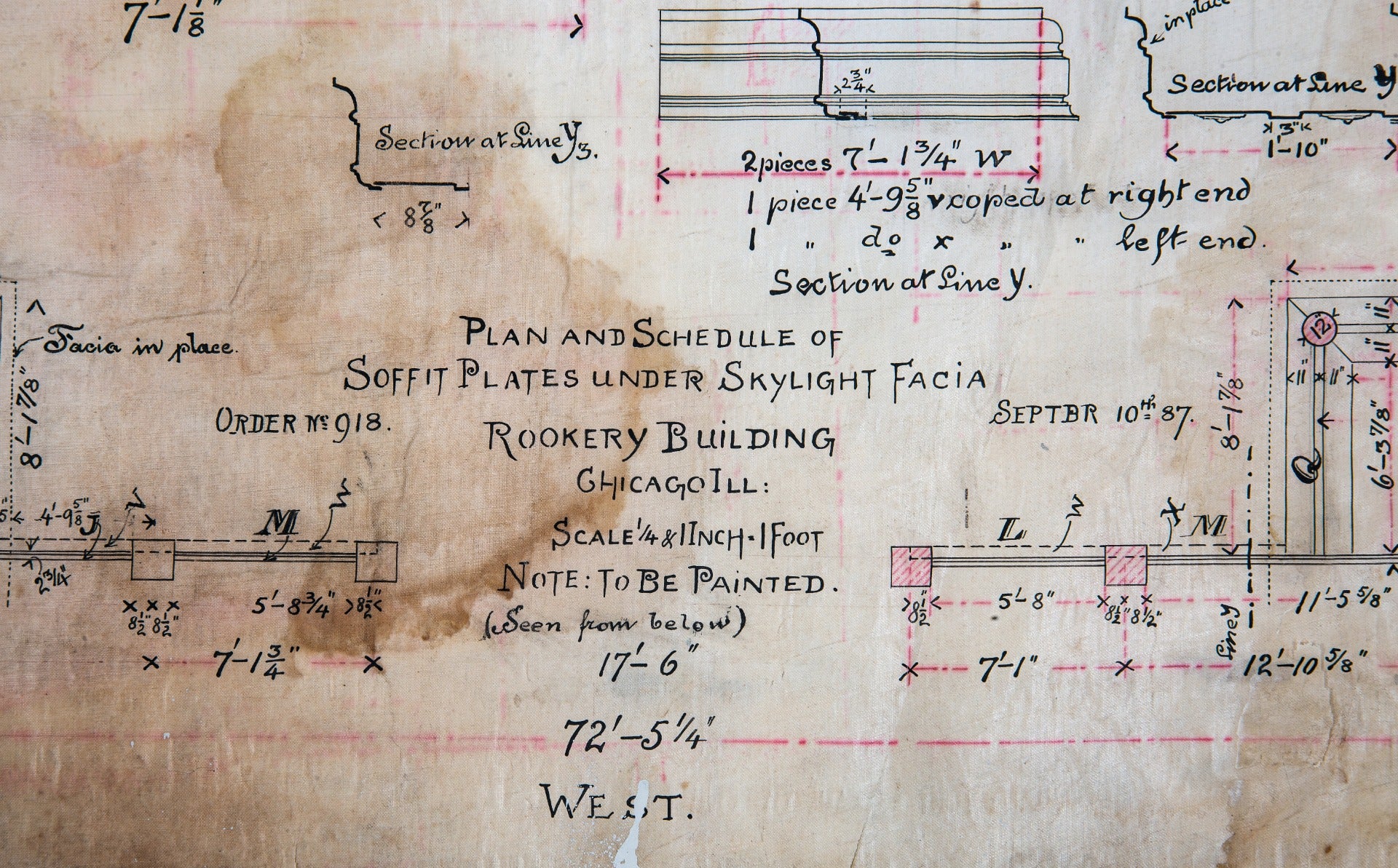 original 1887 burnham and root rookery building linen drawing for soffit plates under building skylight