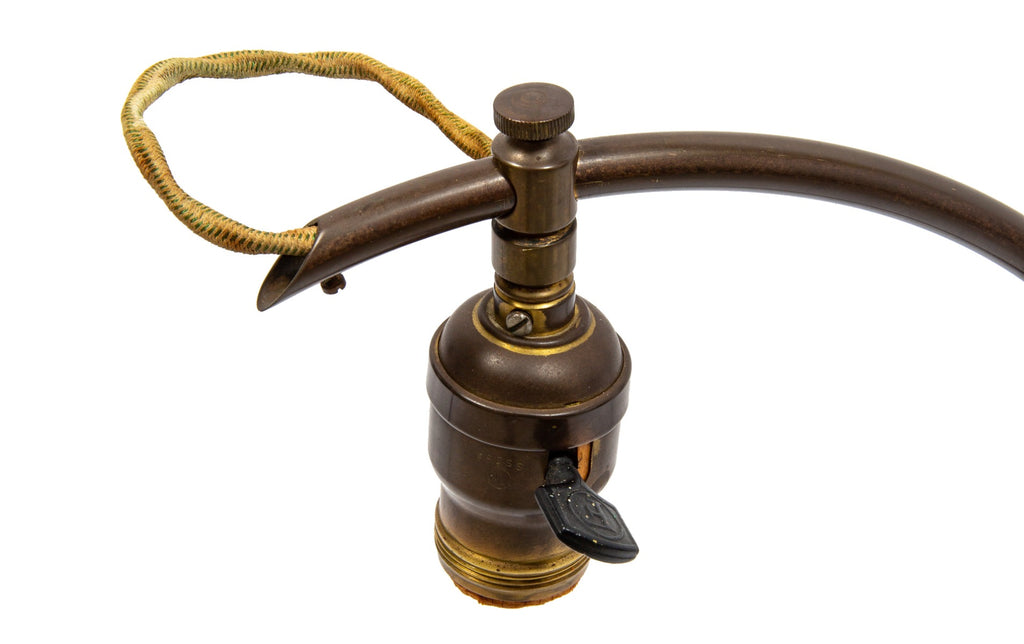 all original hard to find early 20th century c-arm faries table lamp with nicely aged surface patina