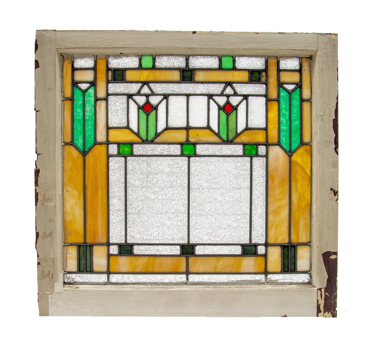 original and intact early 20th century strongly geometric salvaged chicago prairie style art glass window with sash frame