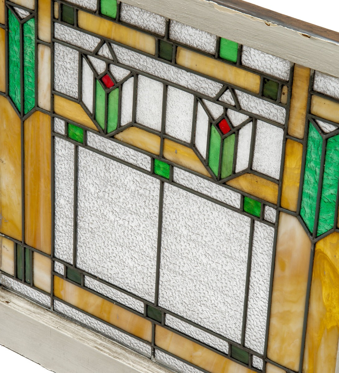 original and intact early 20th century strongly geometric salvaged chicago prairie style art glass window with sash frame