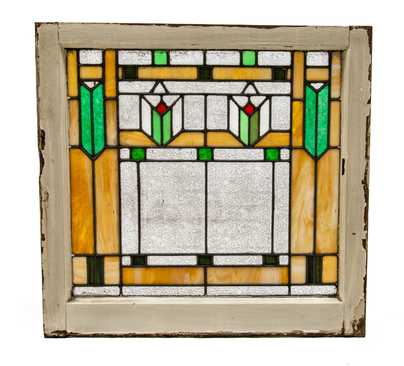 one of two matching early 20th century strongly geometric interior residential salvaged chicago art glass windows