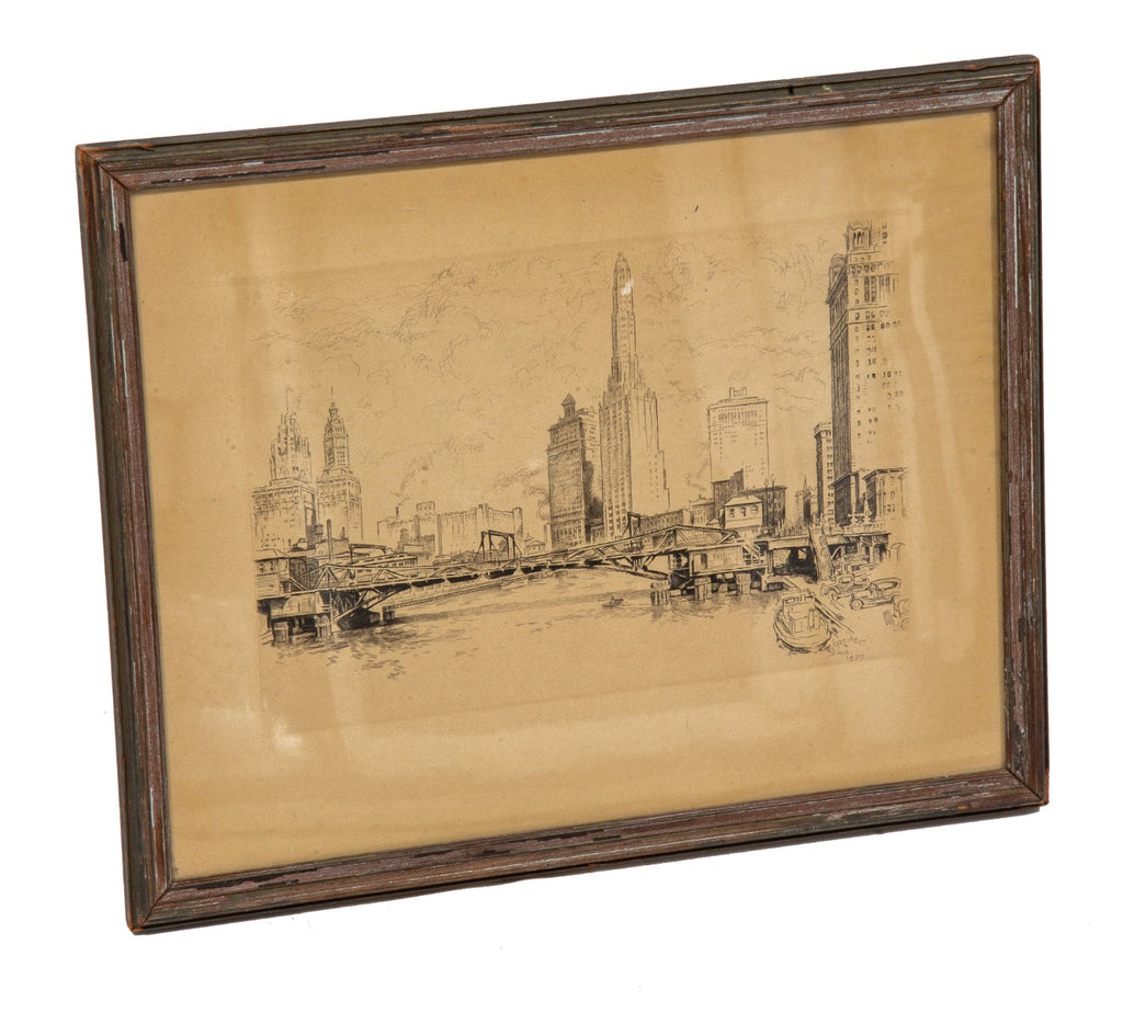 original framed and signed 1927 pencil drawing of downtown chicago by schneider