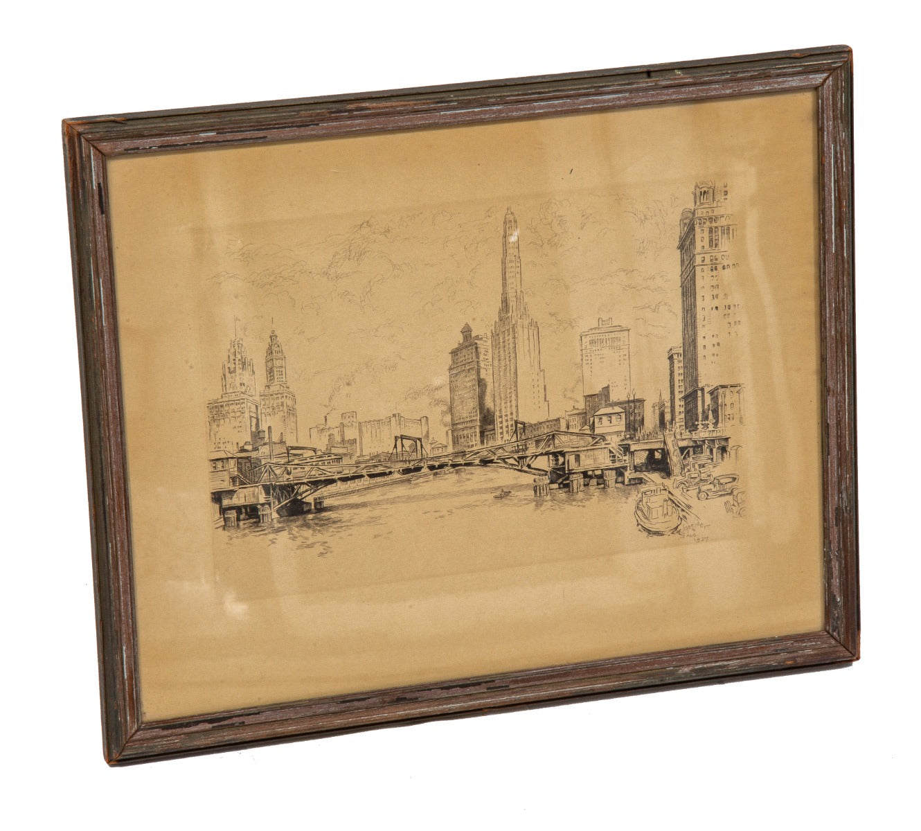 original framed and signed 1927 pencil drawing of downtown chicago by schneider
