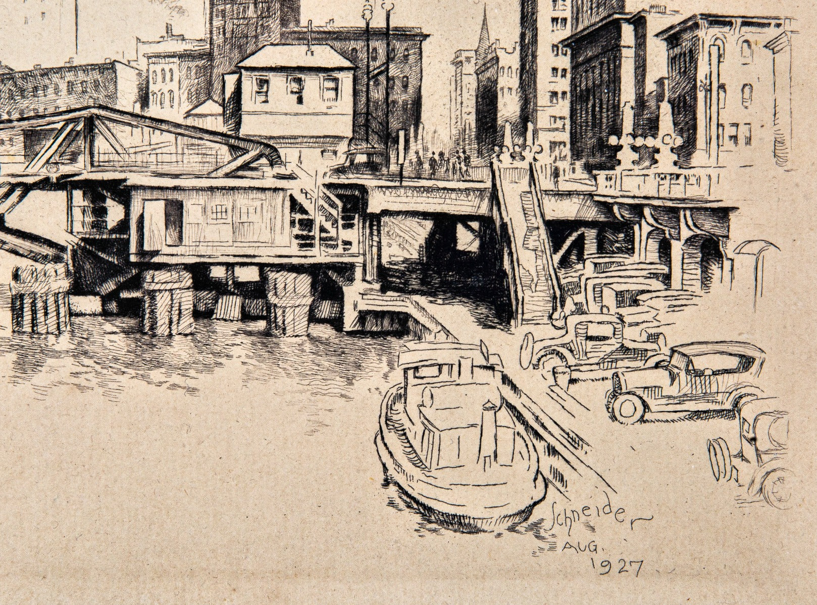 original framed and signed 1927 pencil drawing of downtown chicago by schneider