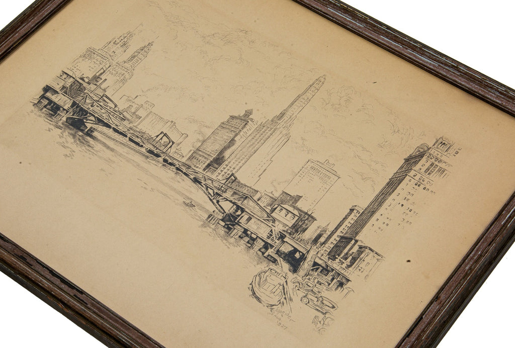 original framed and signed 1927 pencil drawing of downtown chicago by schneider