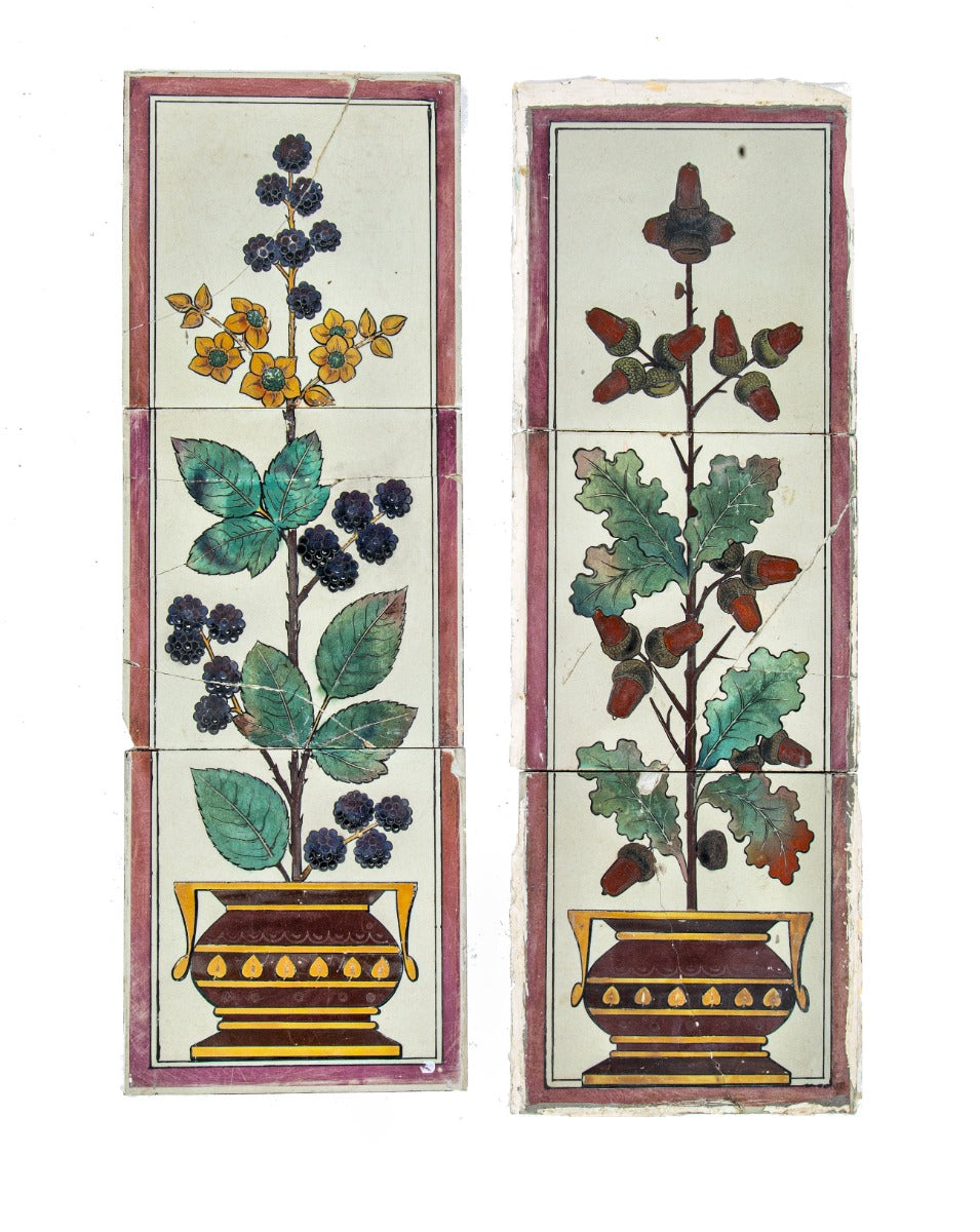 set of rare one-of-a-kind oversized hand-painted minton fireplace surround tiles salvaged from burnham and root's 1878 mary a. rozet house