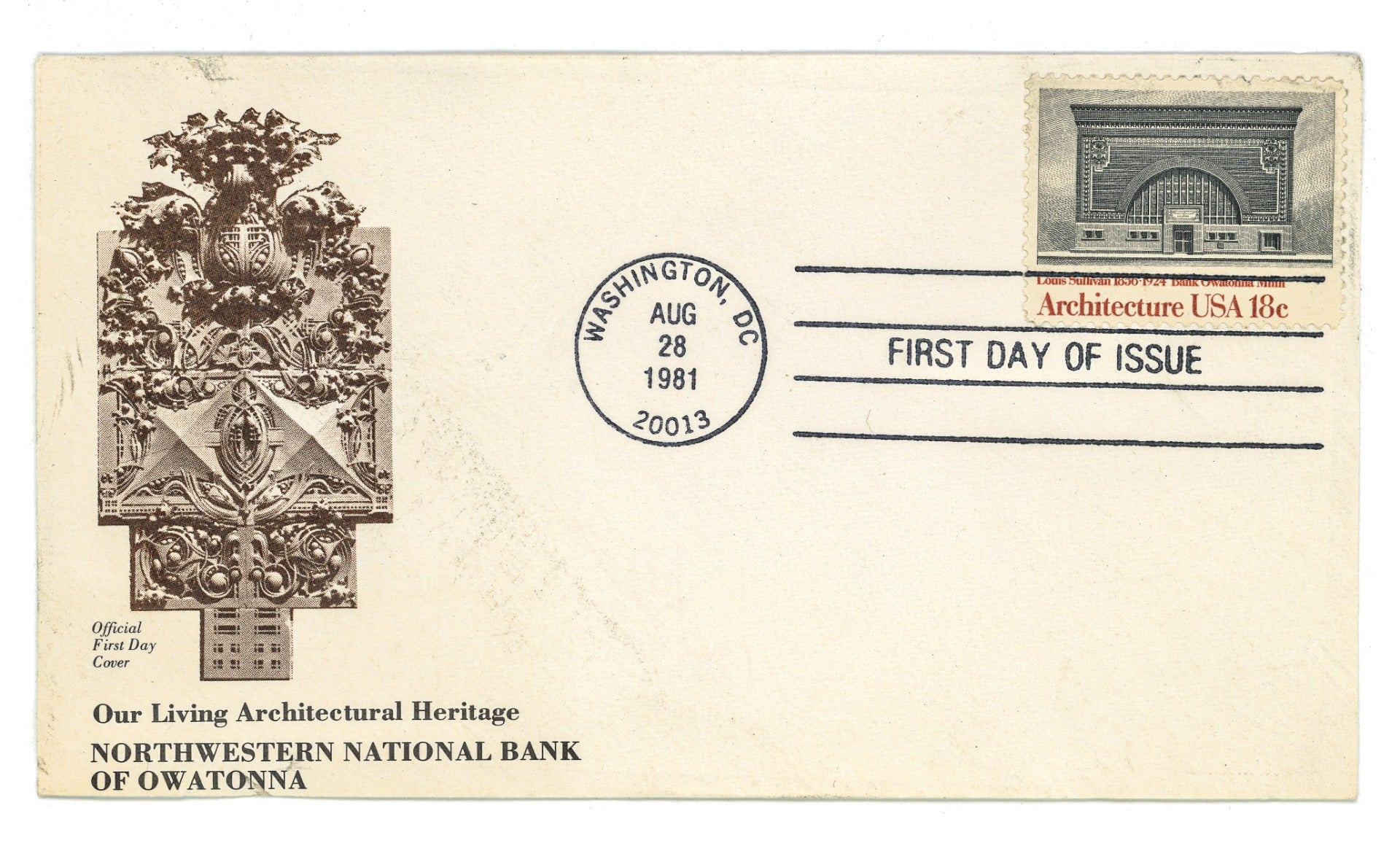 original 1981 "first day of issue" stamp and envelope for louis h. sullivan's owatonna state bank