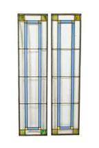 matching set of long and narrow early 20th century prairie style interior salvaged chicago cabinet door art glass windows