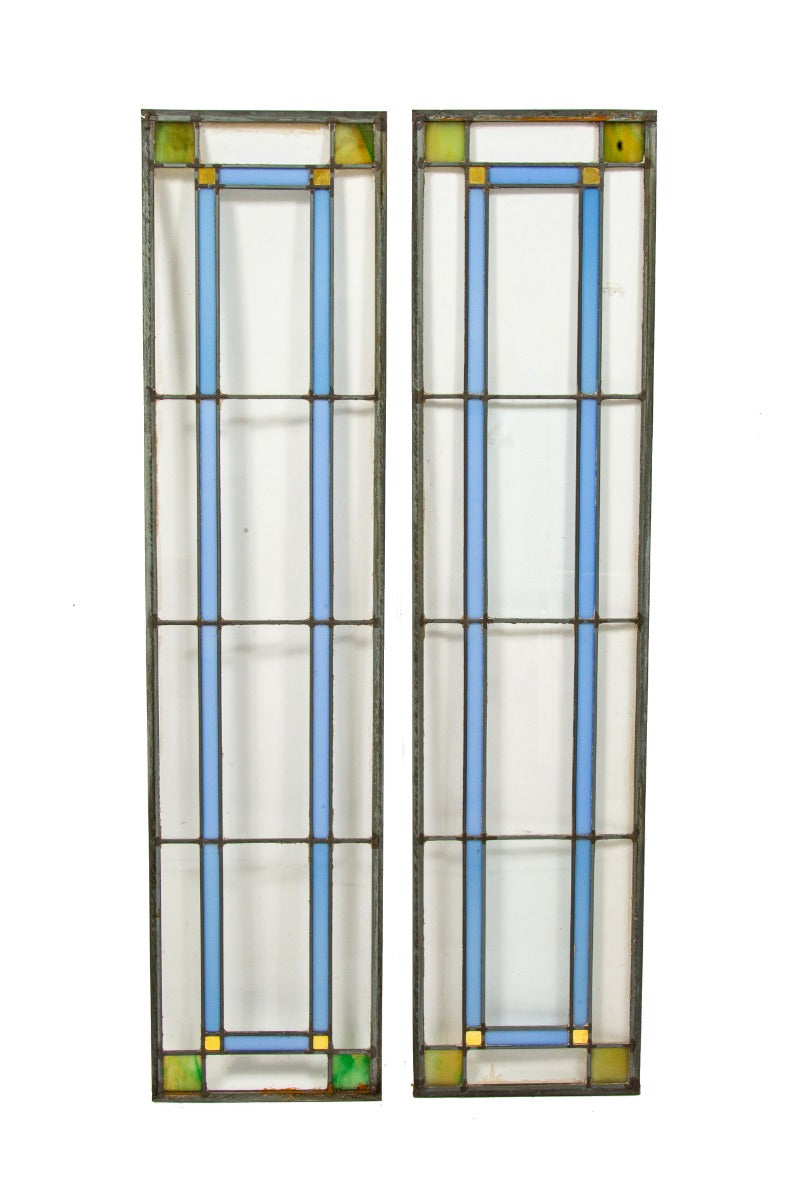 matching set of long and narrow early 20th century prairie style interior salvaged chicago cabinet door art glass windows
