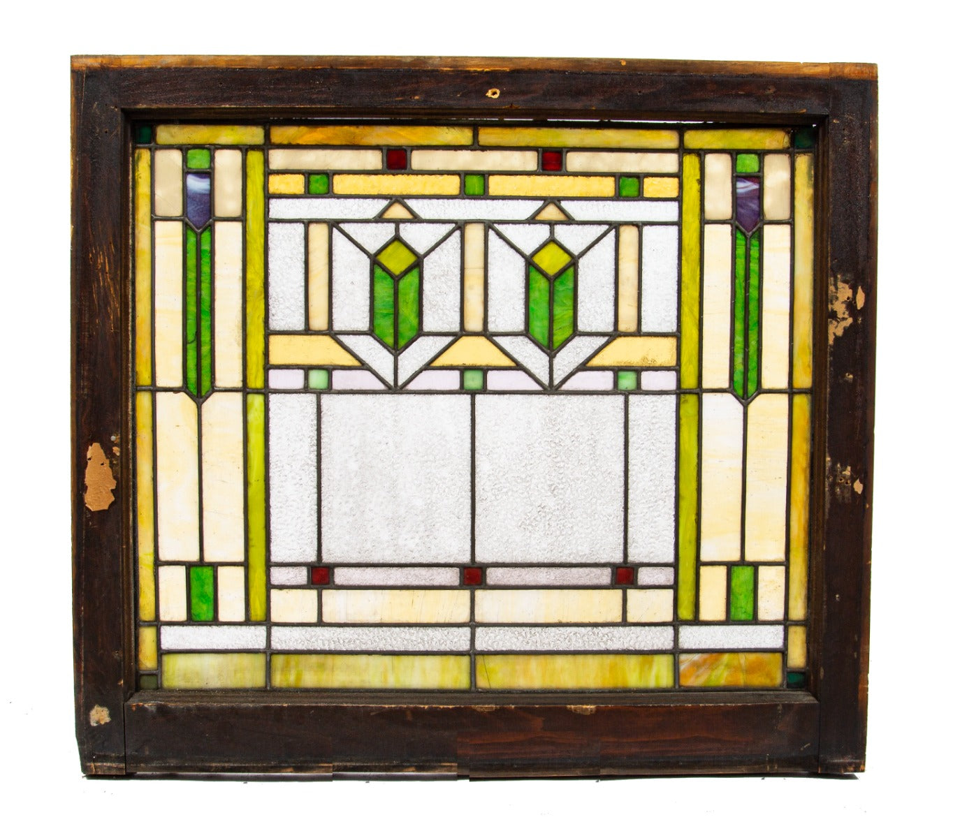 one of two original early 20th century salvaged chicago strongly geometric art glass windows with wood sash frame