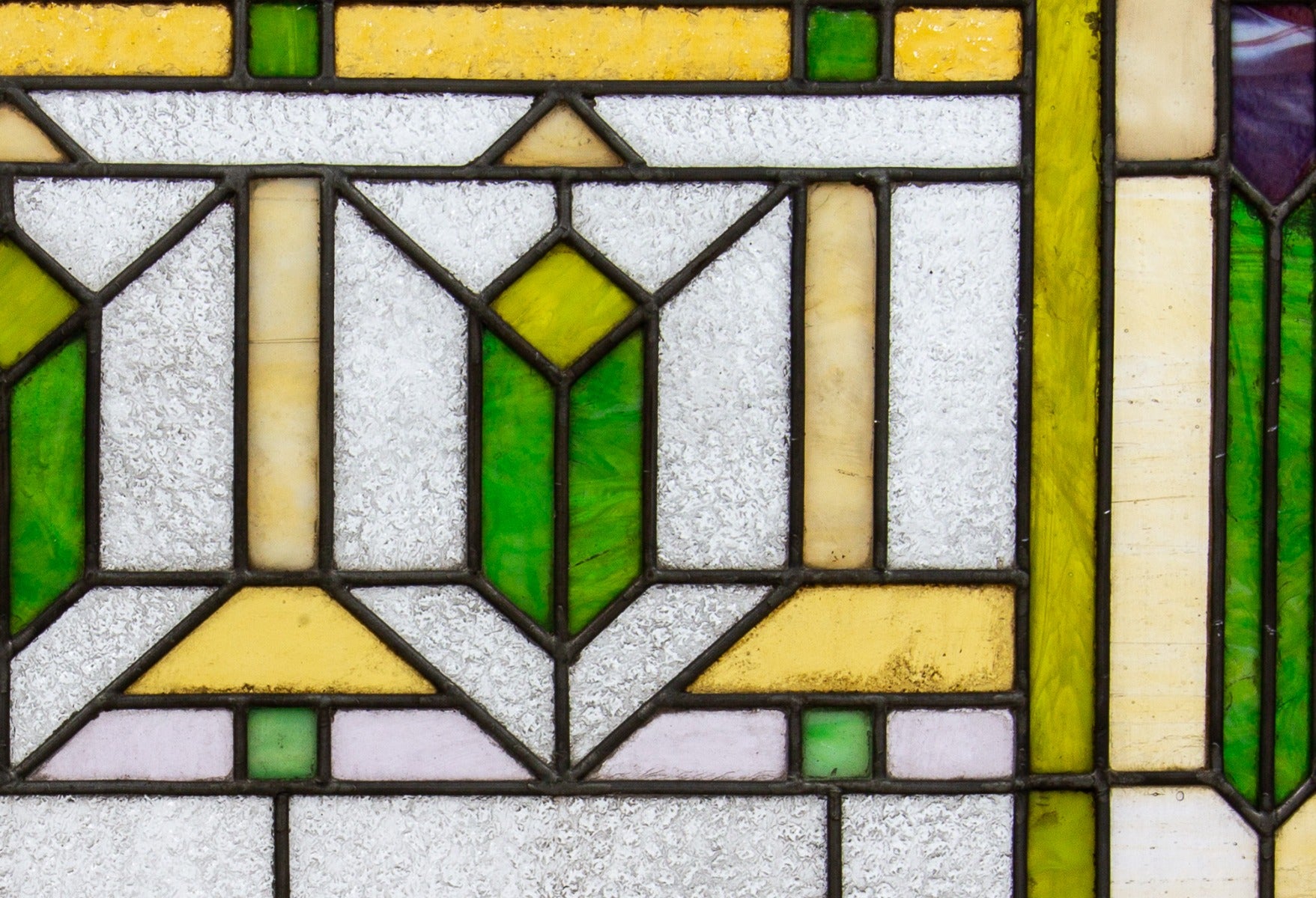 one of two original early 20th century salvaged chicago strongly geometric art glass windows with wood sash frame
