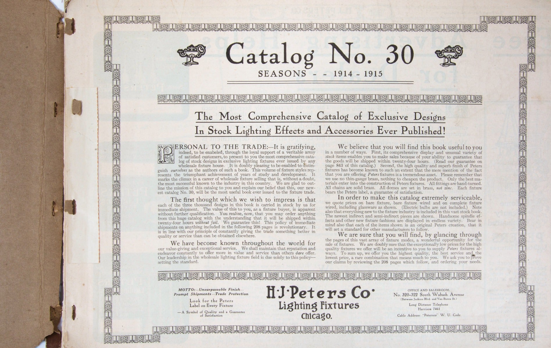 original h.j. peters and company 1914 chicago lighting fixture company catalog