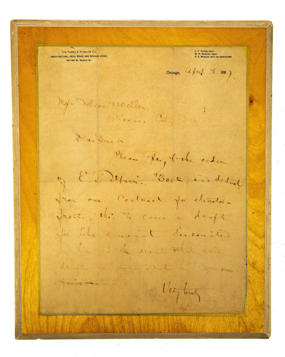 exceptionally rare original historically important 1887 william h. winslow hand-written letter from harris and winslow company