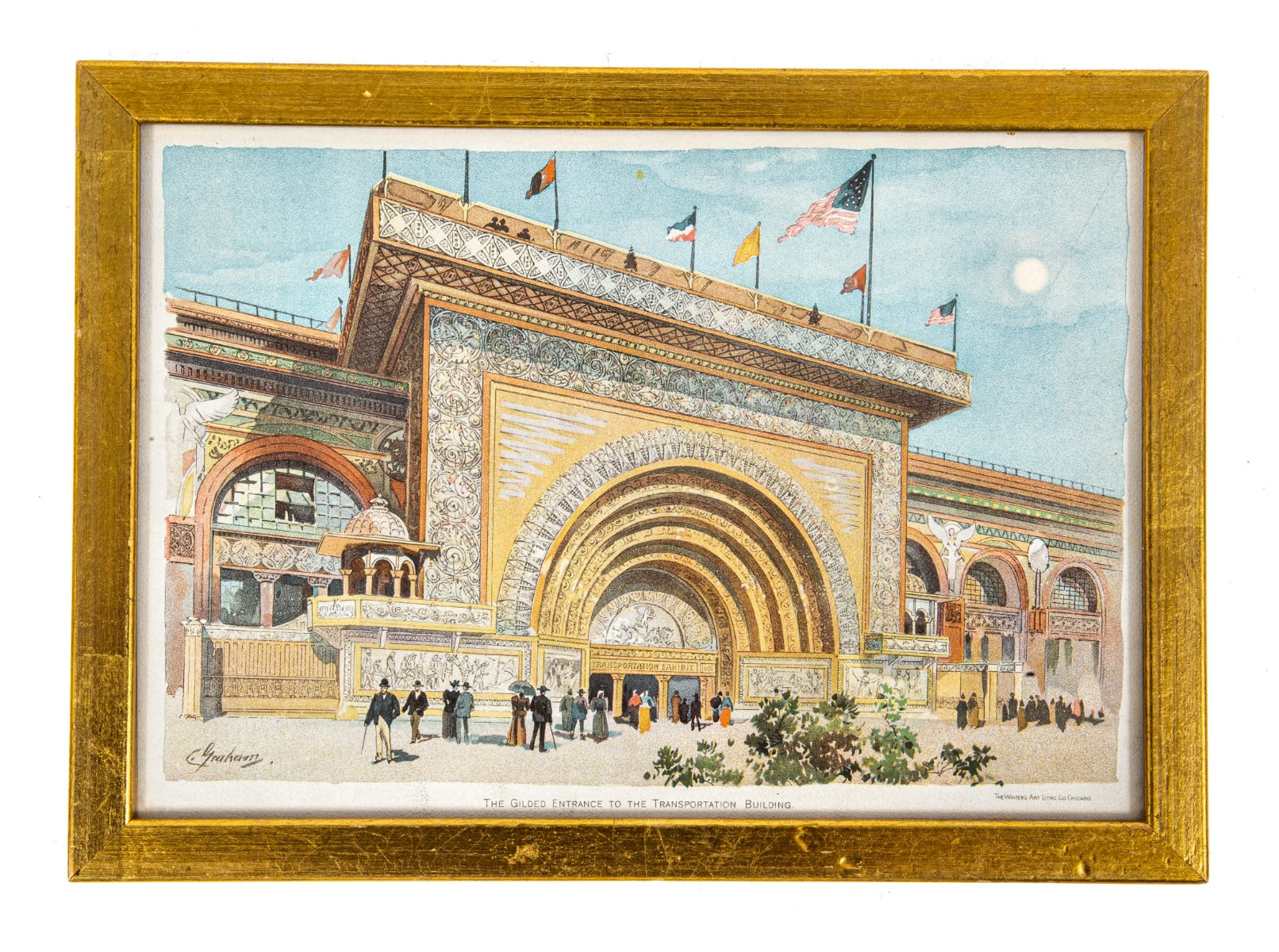 original framed 1893 winters art lithographic company gold-framed colored lithograph of adler and sullivan's transportation building "golden door"
