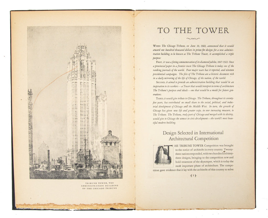 seldom found 1924 hardbound intact "to the tower" chicago tribune building dedication book with floorplan