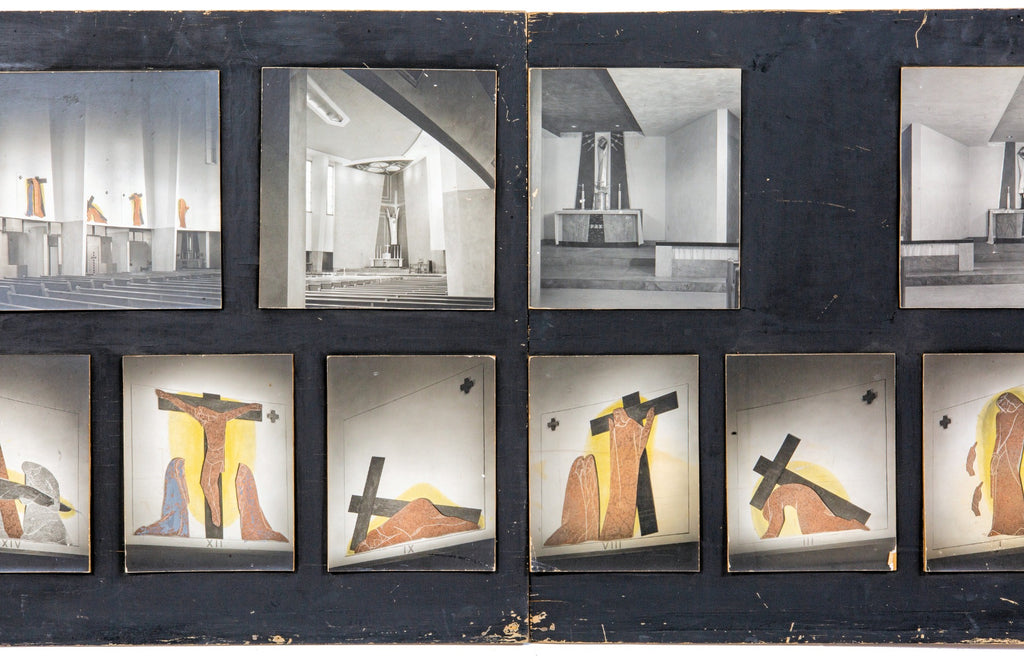 museum-quality original alfonso iannelli-designed and built custom studio photo-display boards for  st. francis xavier catholic church (1949) sculptures