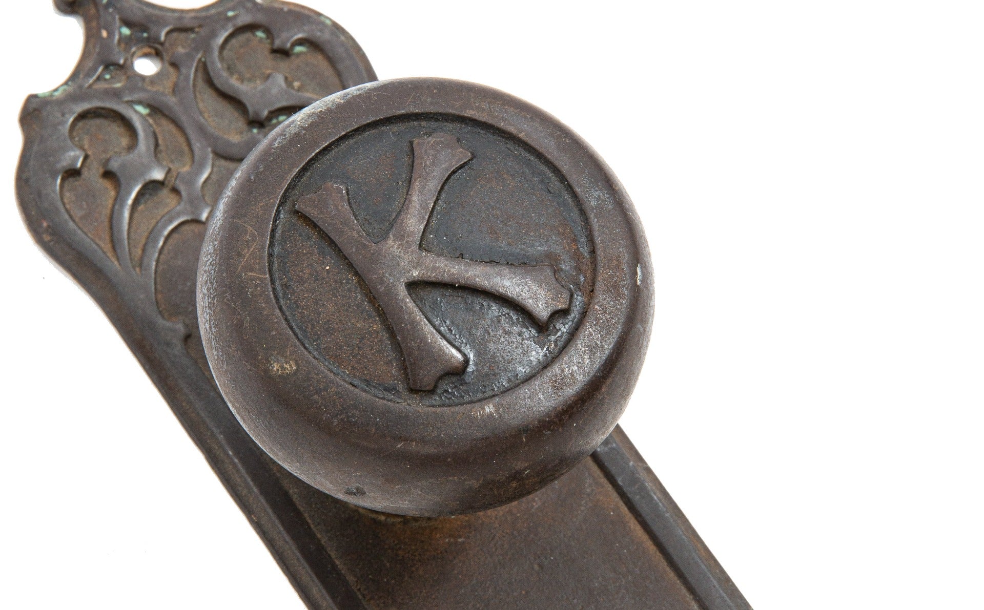 john wellborn root-designed ornamental cast iron monadnock building office doorknob and matching backplate