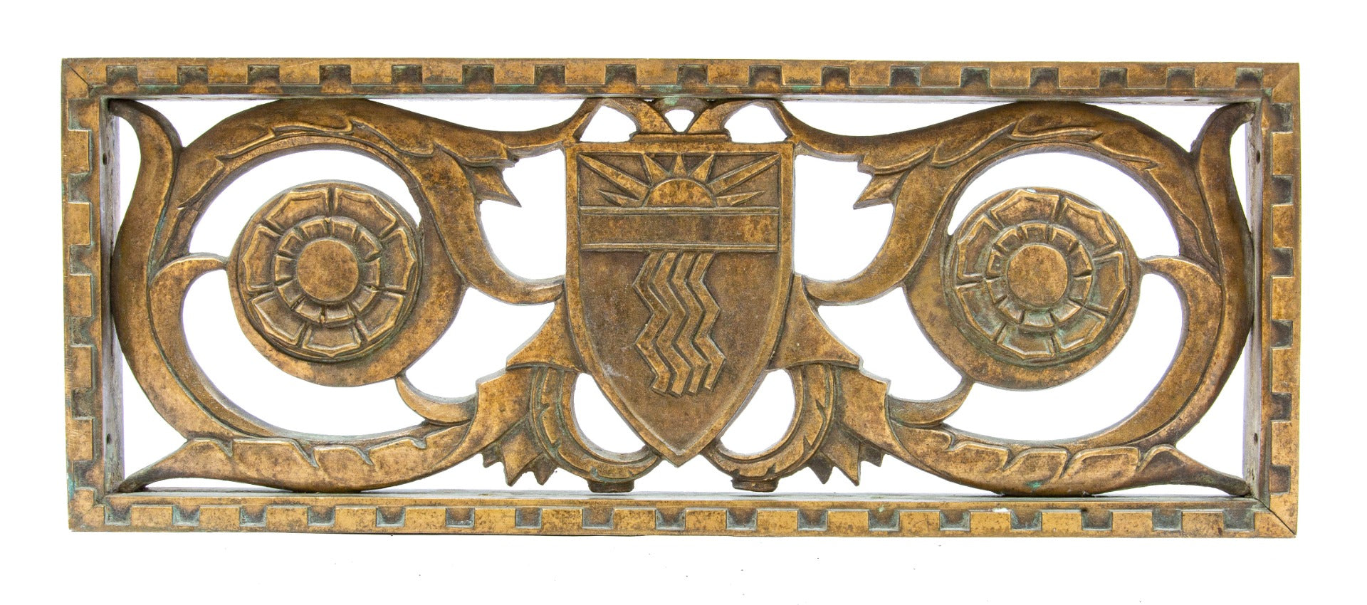 rare c. 1920's american ornamented double-sided cast bronze medinah athletic club exterior entrance door grille with starburst motif shield