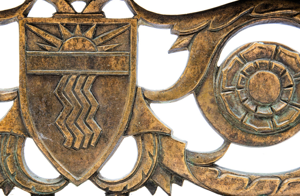 rare c. 1920's american ornamented double-sided cast bronze medinah athletic club exterior entrance door grille with starburst motif shield