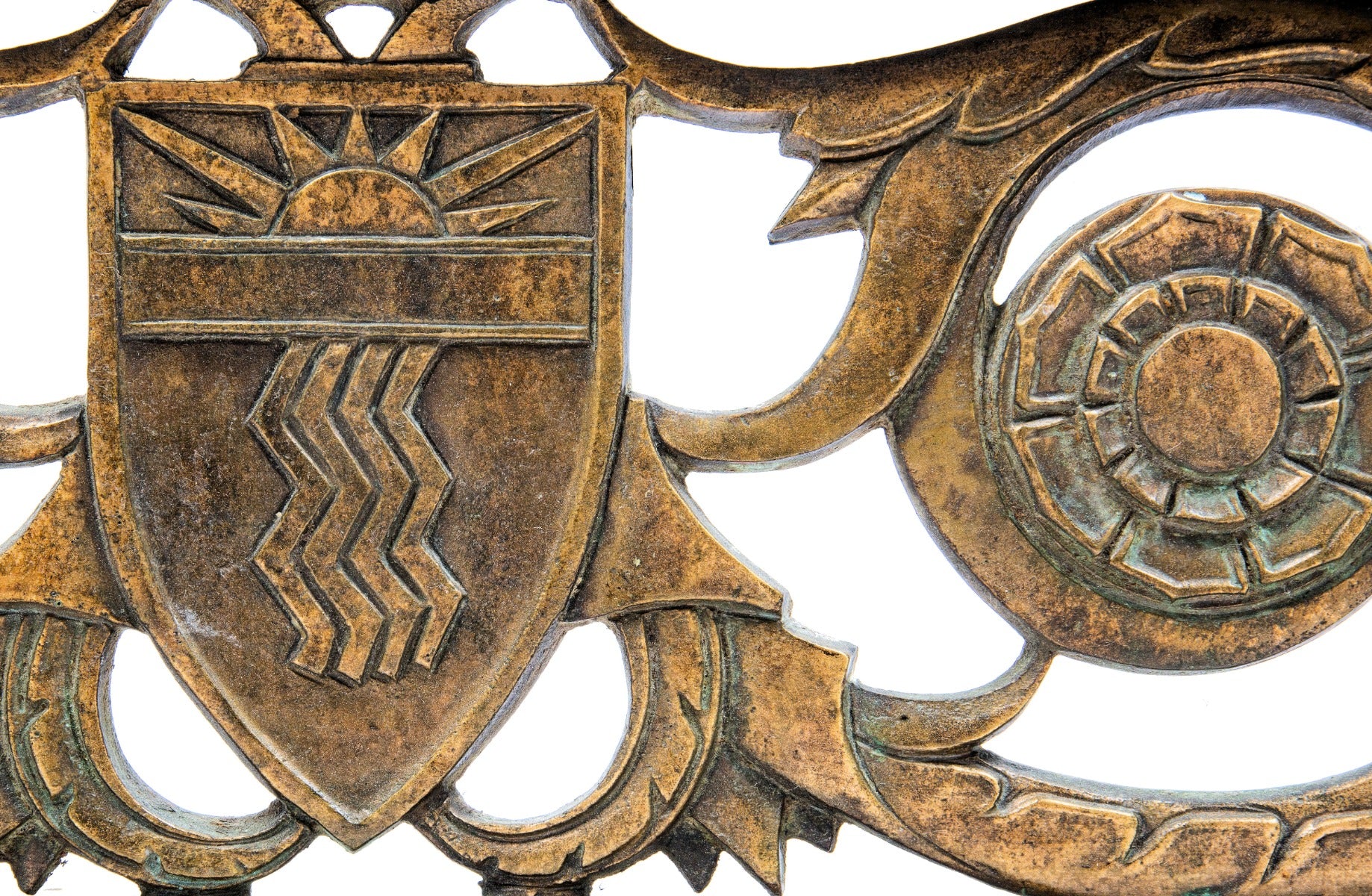 rare c. 1920's american ornamented double-sided cast bronze medinah athletic club exterior entrance door grille with starburst motif shield