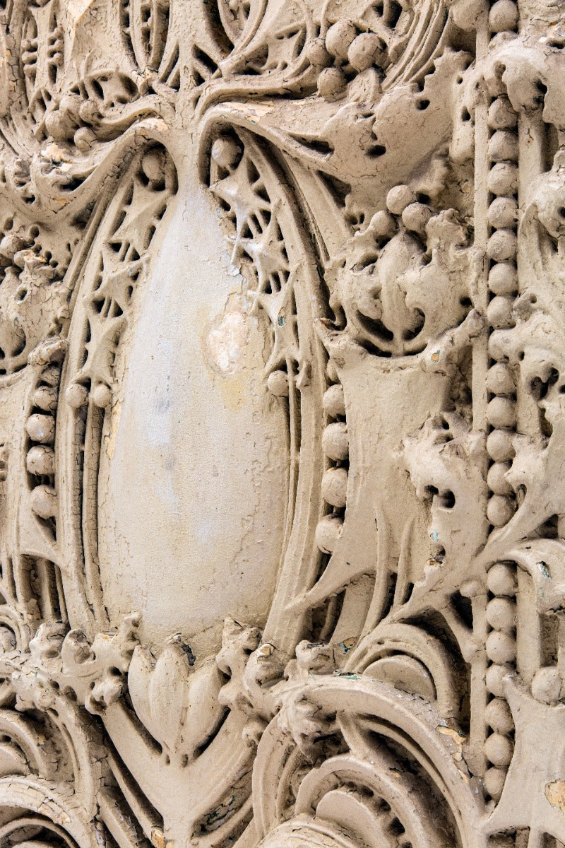 original claude and starck-designed exterior cast plaster "sullivanesque" panel salvaged from the 1911 carnegie library in rochelle, ills