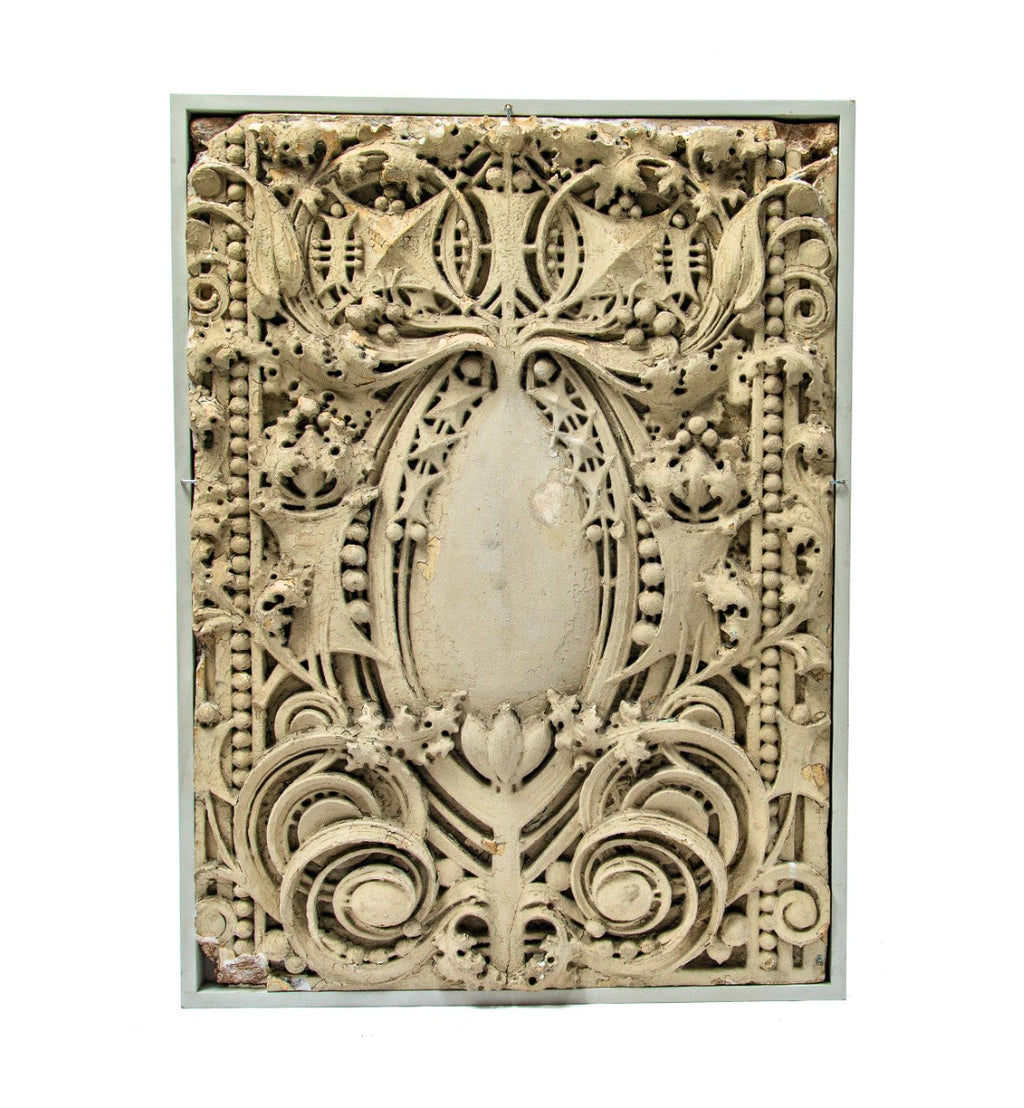 original claude and starck-designed exterior cast plaster "sullivanesque" panel salvaged from the 1911 carnegie library in rochelle, ills