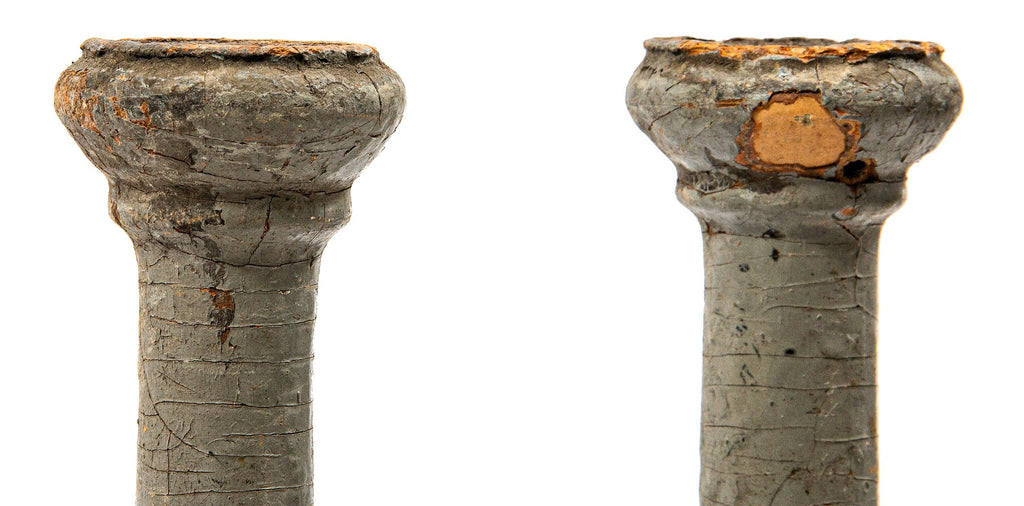 two matching painted yellow pine wood exterior balcony spindles salvaged from frank lloyd wright's francisco terrace during its demolition in 1974