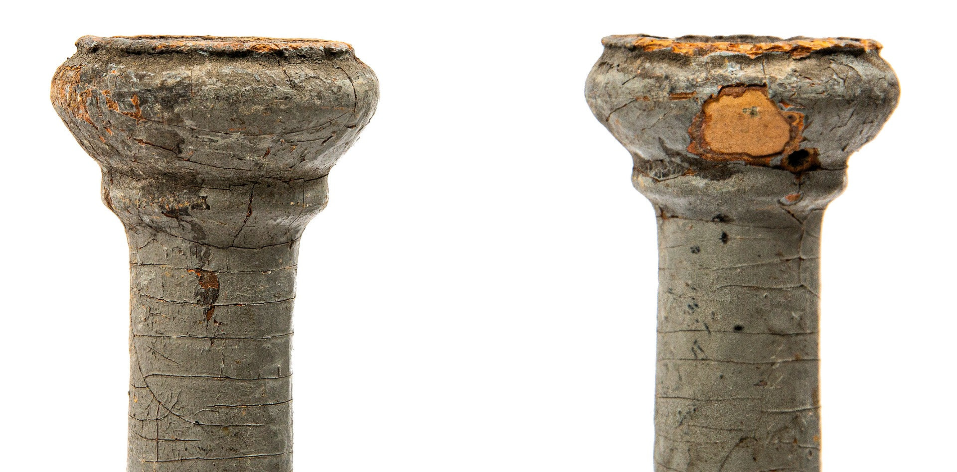 two matching painted yellow pine wood exterior balcony spindles salvaged from frank lloyd wright's francisco terrace during its demolition in 1974