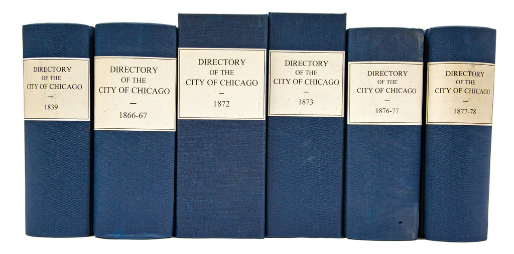 group of carefully rebound and/or archival-boxed city of chicago directories dating to before and after the great chicago fire of 1871