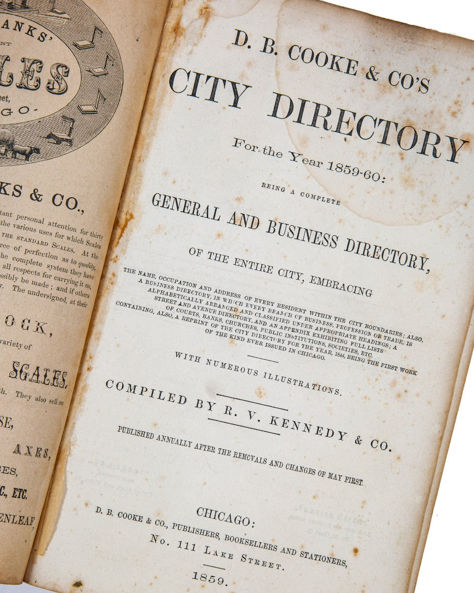 rare 1859 original and largely intact hardbound d.b. cooke chicago city directroy