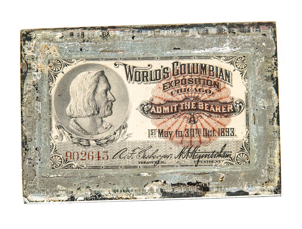 unusual original late 19th or early 20th century 1893 chicago world's fair original admission ticket paperweight