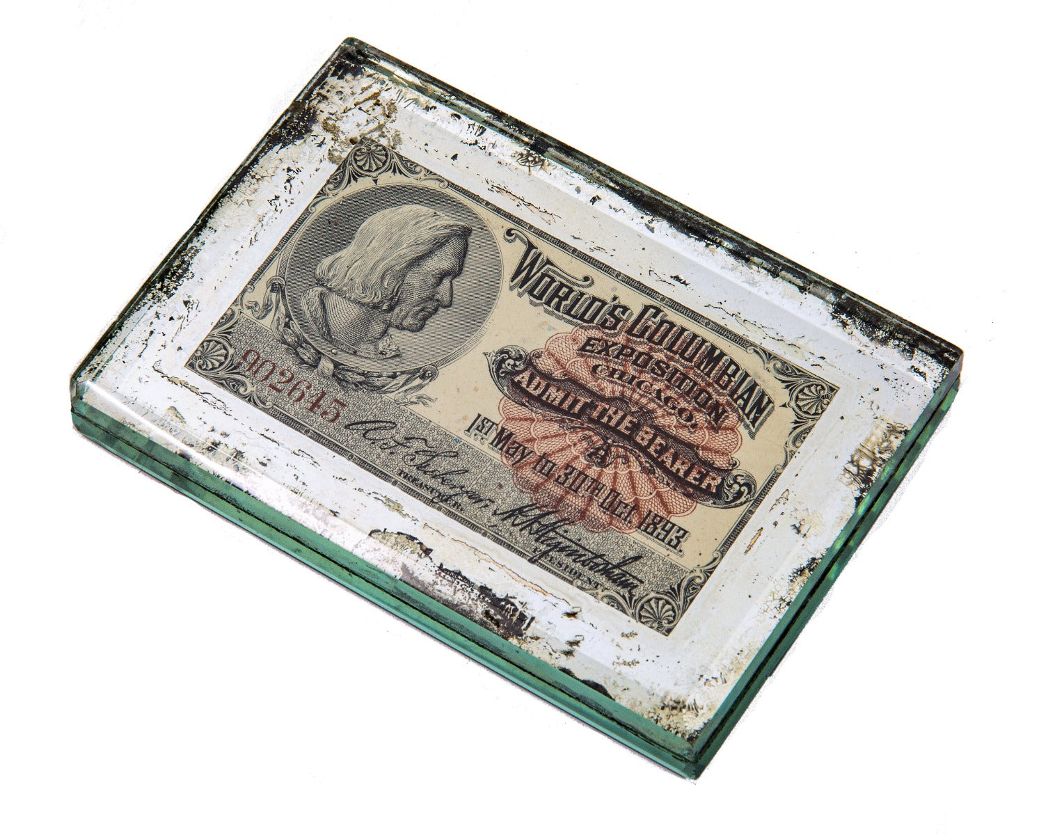 unusual original late 19th or early 20th century 1893 chicago world's fair original admission ticket paperweight