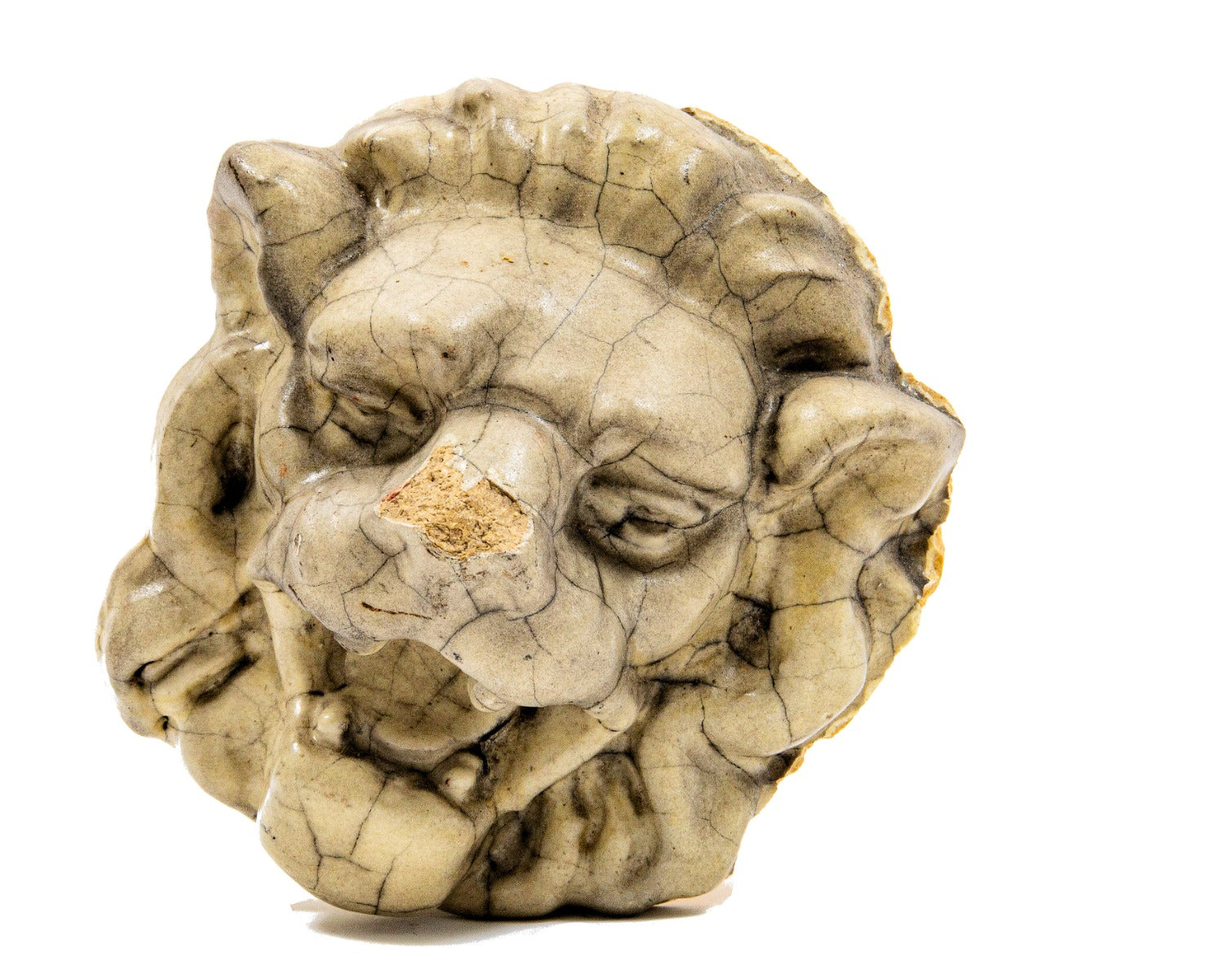 diminutive early 20th century white glazed terra cotta lionhead salvaged from a historically important "motor row district" chicago building