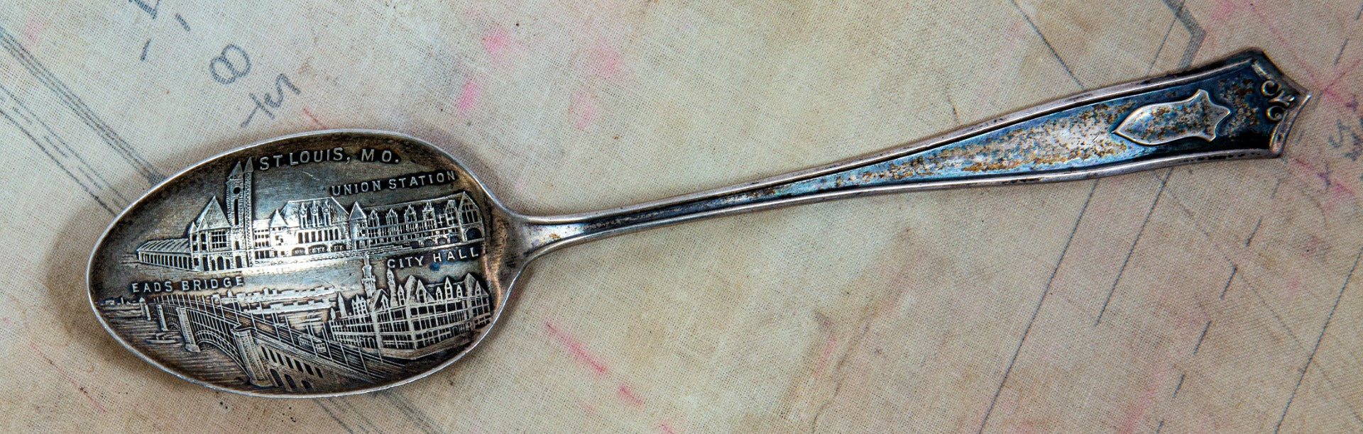 late 19th century sterling silver souvenir spoon of st. louis station, eads bridge, and city hall