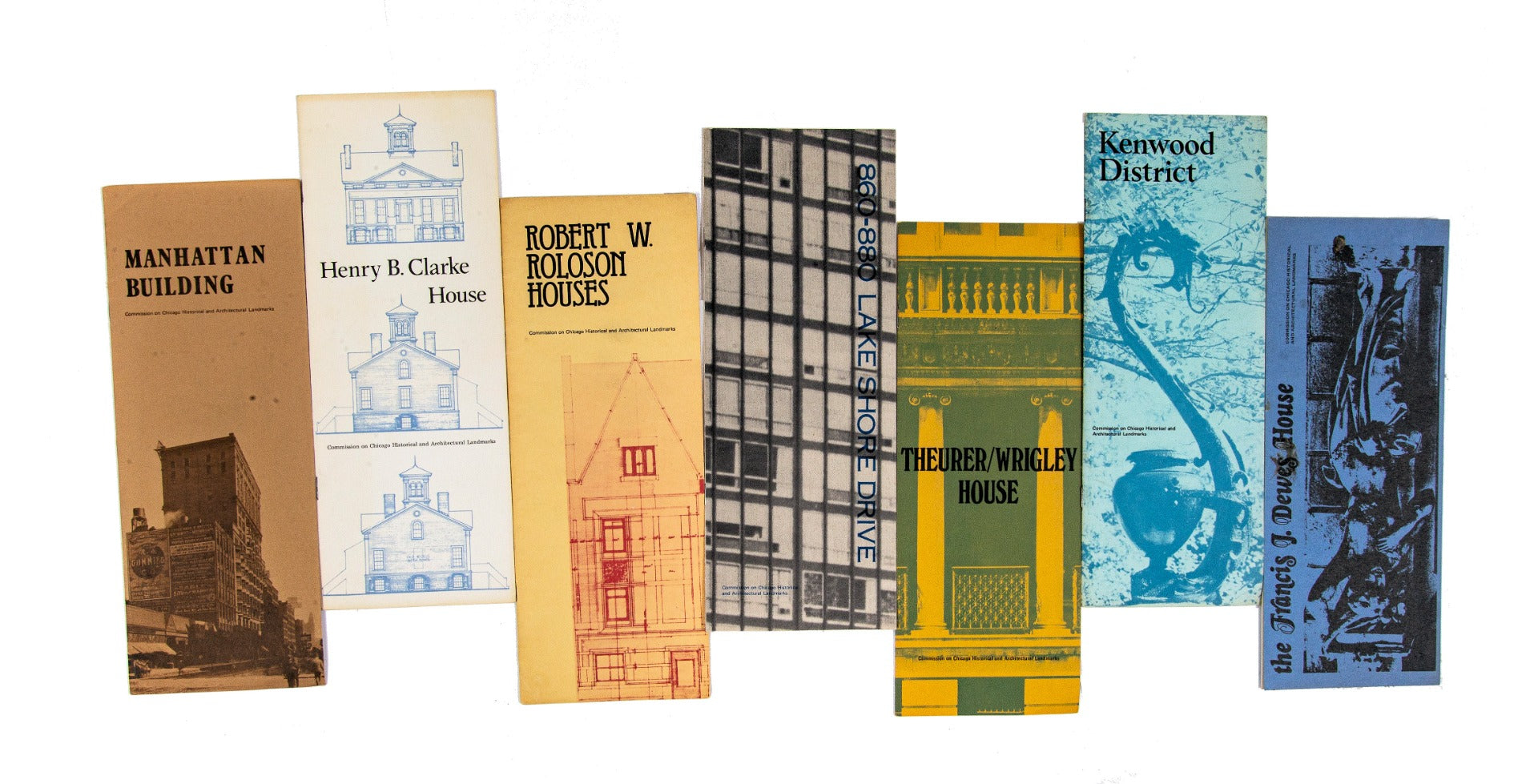 group of original 1970s early preservation building booklets distributed by commission on chicago historical and architectural landmarks