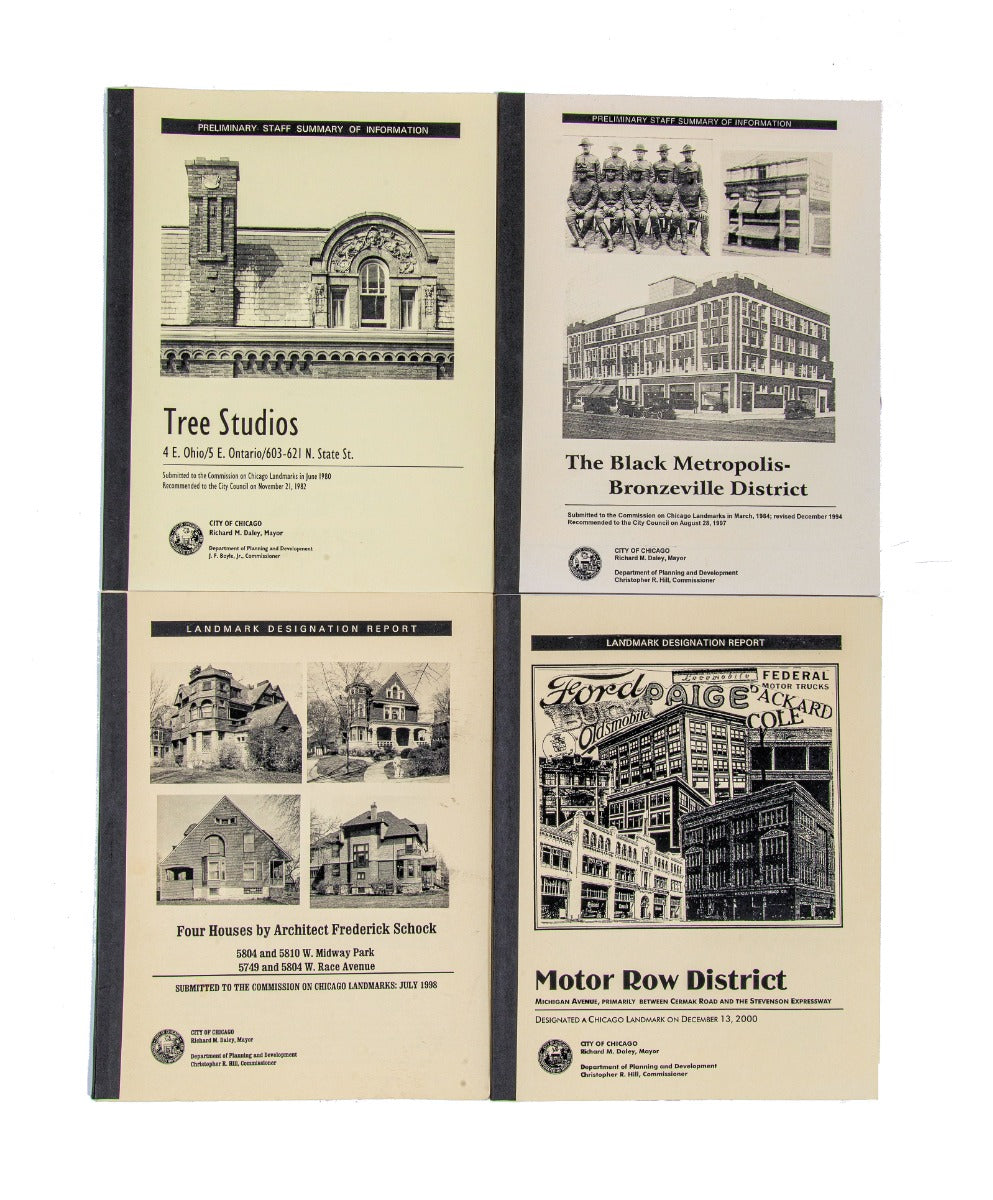 group of 4 hard to find original 1990s chicago landmarks commission reports on tree studios, black metropolis, motor row and frederick shock