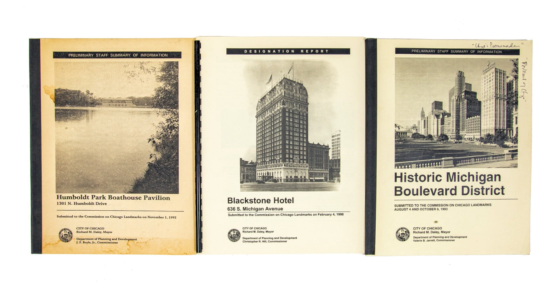 group of three original 1990s chicago landmark designation reports on humboldt park boat pavillion, blackstone hotel, and historic michigan boulevard district