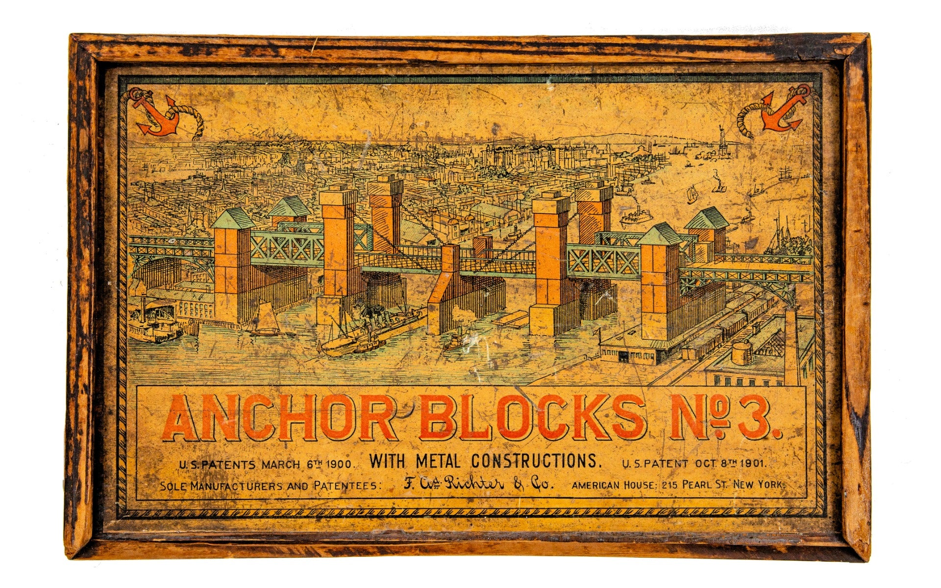 rare early 20th century complete anchor blocks no. 3 construction set with stones, guides, and wood box