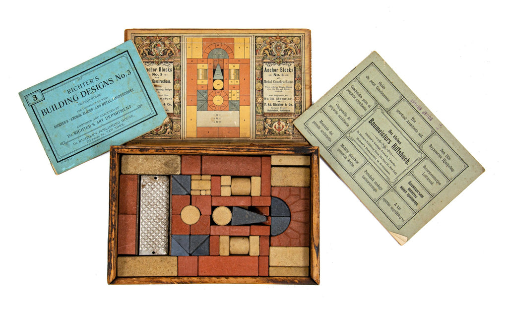 rare early 20th century complete anchor blocks no. 3 construction set with stones, guides, and wood box